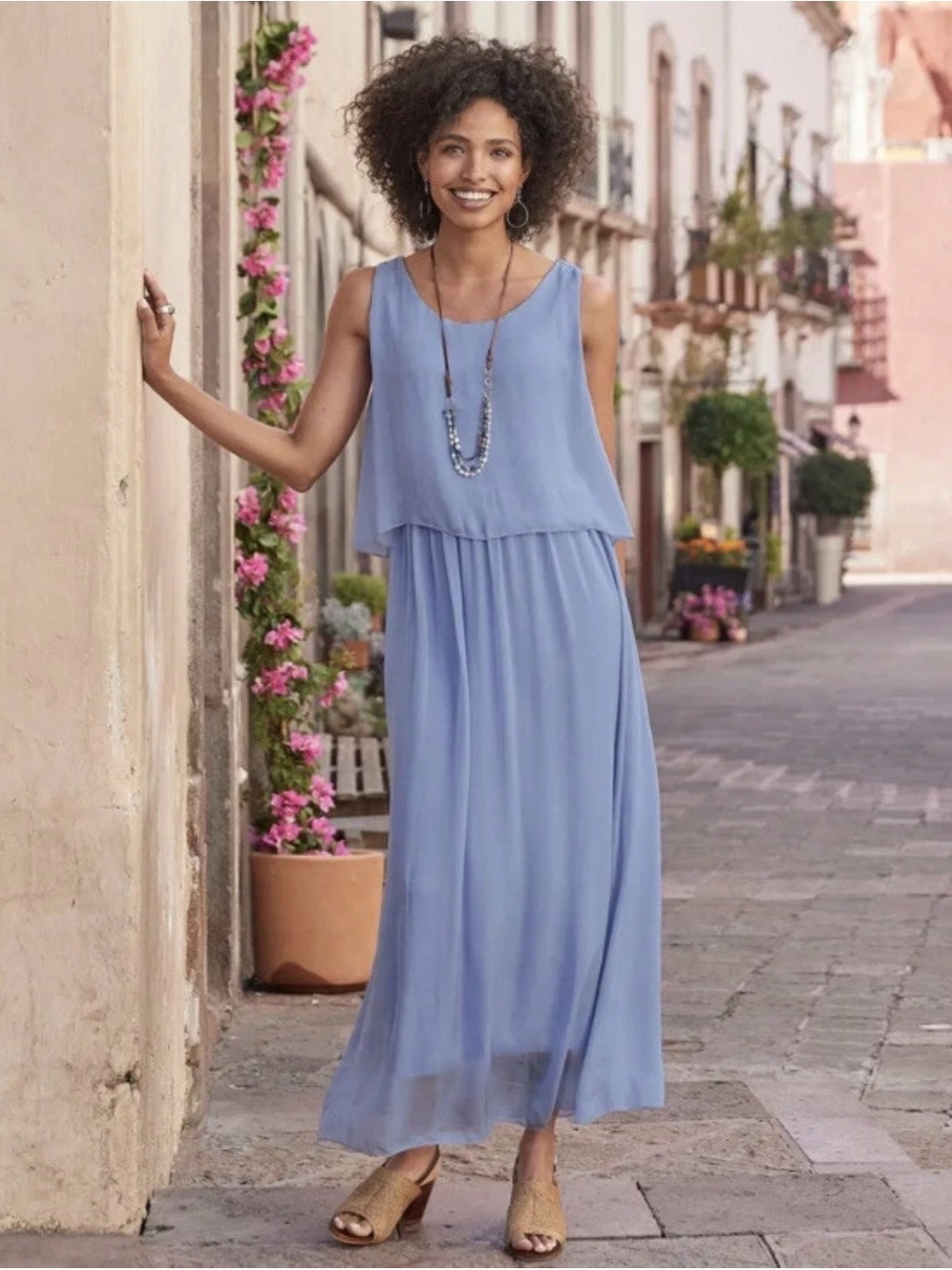 100% silk Baci Sleeveless Periwinkle Layered Maxi Dress